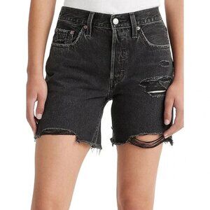 LEVI'S 501 Mid Thigh Shorts Distressed Denim Raw Hem Cotton Black Womens 28 x 6"